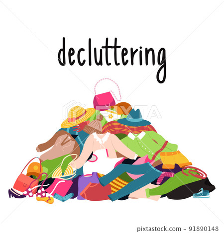 A pile of clothes and shoes lying on the floor. Blouse, hat, jeans, bag. Mess, heap of things, decluttering, overconsumption. Color vector illustration of isolated on a white background. 91890148