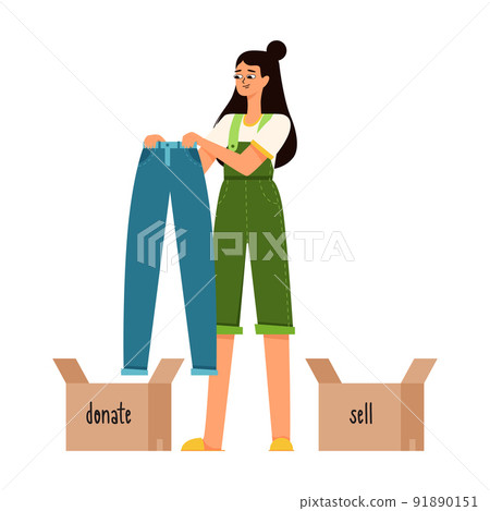A young girl with dark hair is holding blue jeans in her hands and is thinking of donating it or selling it.The theme of reasonable consumption, cluttering, sorting clothes. Flat vector illustration. 91890151