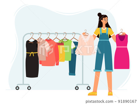 A girl in a jumpsuit chooses clothes and thinks she wants a dress or blouse. a hanger with different clothes. Shopping. Color vector illustration of isolated on a white background. 91890167