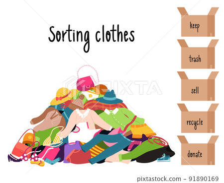 Sorting clothes. A pile of clothes lying randomly on the floor. Boxes with inscriptions - donate, sell, keep, trash, recycle. Color vector illustration of isolated on a white background. Sorting clothes. A pile of clothes lying randomly on the floor. Boxes with inscriptions - donate, sell, keep, trash, recycle. Color vector illustration of isolated on a white background. 91890169