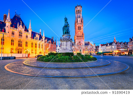 Bruges, Belgium. Blue hour in Grote Markt with Belfry, famous city of Flanders. 91890419