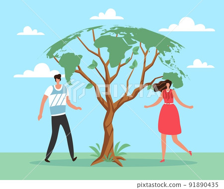 Sustainable development of ecological map of world. Responsible resource consumption, saving planet, man and woman near tree, eco friendly people vector cartoon flat environment concept 91890435