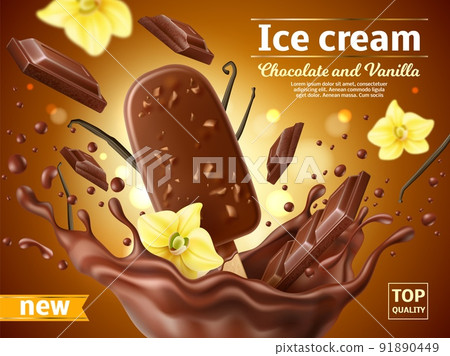 Realistic ice cream poster. Chocolate popsicle with vanilla flavor in cocoa splash, flying flowers, glaze with nuts, summer product advertising, promotional banner, utter vector 3d concept 91890449