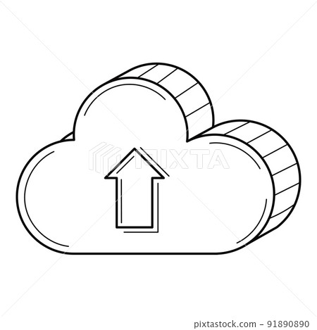 A three-dimensional cloud with an up arrow. The file upload symbol. Cloud file storage. Hand-drawn black and white vector illustration. Isolated on a white background A three-dimensional cloud with an up arrow. The file upload symbol. Cloud file storage. Hand-drawn black and white vector illustration. Isolated on a white background 91890890