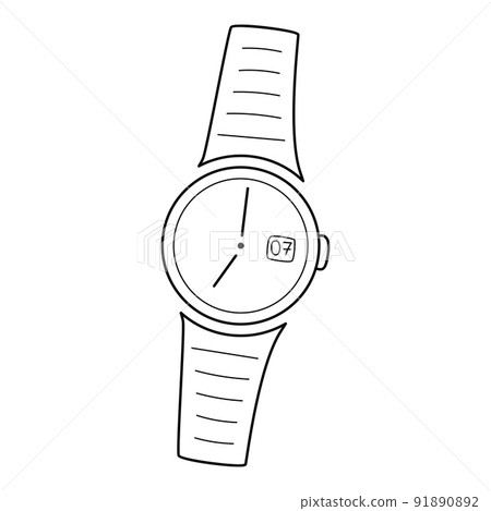 Mechanical analog round wrist watch with hands. Watch with a bracelet. Linear icon. Hand-drawn black and white vector illustration. Isolated on a white background 91890892