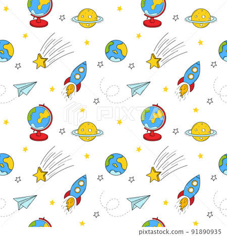Seamless pattern with space objects, rocket, plane, air trail, planet, earth, saturn,comet, globe. Hand-drawn color fill elements. Colorful vector illustration on a white background. 91890935
