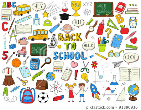 Set of doodle outline icons back to school. School items, supplies, stationery, Hand-drawn black and white vector illustration. Design elements are isolated on a white background 91890936