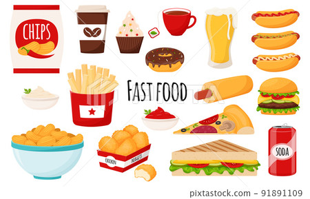 Fast food collection. A set of fatty, high-calorie, harmful food. Hamburger, hot dog, chips, French fries, chicken nuggets, pizza, chips . Flat cartoon style, isolated on white. vector illustration 91891109