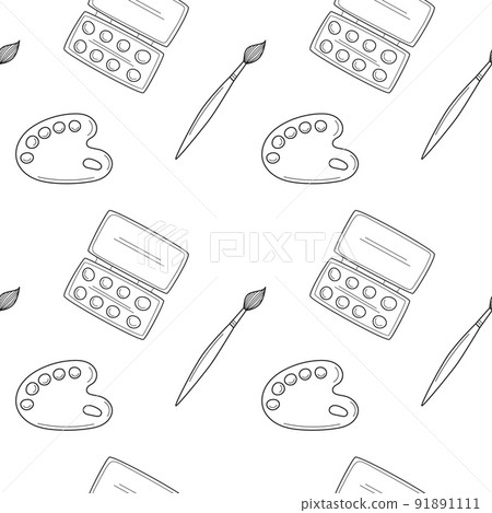 A seamless pattern with artistic objects, a paint brush, a palette, a set of paints. Hand-drawn outline elements. Monochrome design. Black and white vector illustration on a white background. 91891111