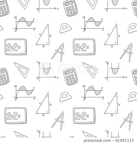 Seamless pattern with mathematical objects, graphs, triangle, Pythagorean theorem, calculator, compasses . Hand-drawn outline elements. Monochrome design. Black and white vector illustration on white. 91891113