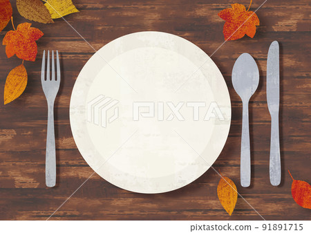 秋葉和桌子上的盤子、勺子、叉子和刀子水彩畫 91891715