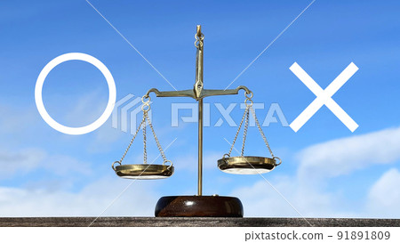 ○ and ×, gold balance and blue sky ○ and ×, gold balance and blue sky 91891809