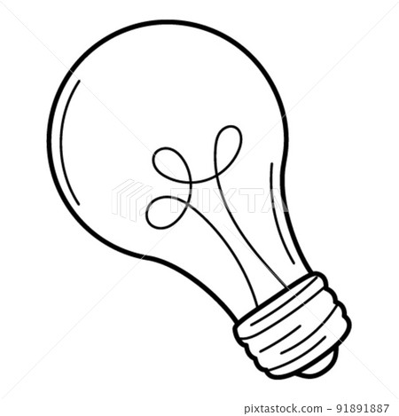An incandescent light bulb, a symbol of an idea, insight. Doodle. Hand-drawn black and white vector illustration. The design elements are isolated on a white background. 91891887