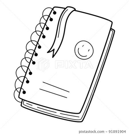 A cute notebook with a spring, stickers and a bookmark. Doodle style. Hand-drawn black and white vector illustration. The design elements are isolated on a white background. 91891904
