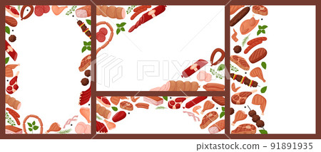 A set of frames with meat products. Raw, grilled meat, chicken, sausages. Horizontal, vertical and banner template for flyers and leaflets. Flat vector illustration. Isolated on a white background 91891935
