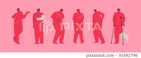 A set of characters - patients of the medical center. Traumatology, urology, gastroenterology, neurology, etc. Trendy vector illustrations for design. 91892796