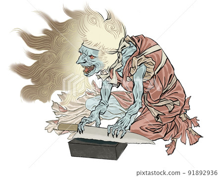 Japanese-style illustration of a Yama-uba sharpening a kitchen knife Japanese-style illustration of a Yama-uba sharpening a kitchen knife 91892936