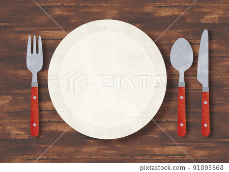 桌子上的盤子、紅勺、叉子和刀子水彩 91893868