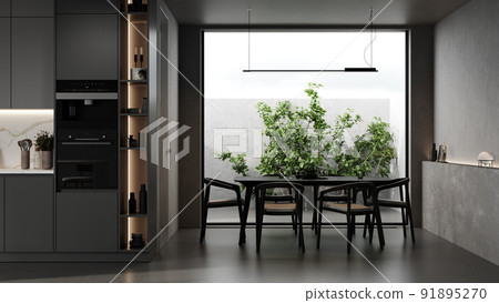 Modern kitchen interior with dinning area and window, 3d rendering 91895270