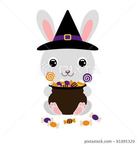 Cute Halloween rabbit in witch hat holding a pot with candies. Cartoon animal character for kids t-shirts, nursery decoration, baby shower, greeting card, invitation. Vector stock illustration Cute Halloween rabbit in witch hat holding a pot with candies. Cartoon animal character for kids t-shirts, nursery decoration, baby shower, greeting card, invitation. Vector stock illustration 91895320