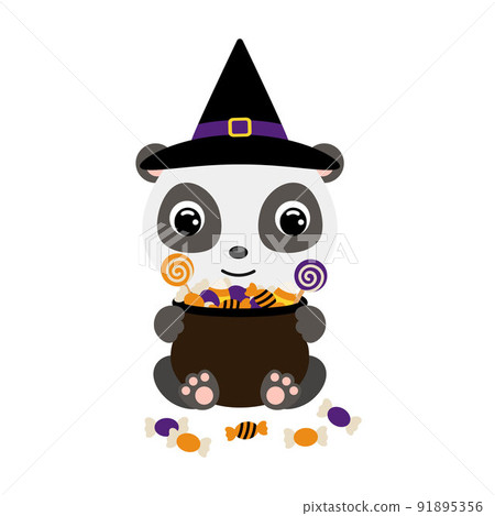Cute Halloween panda in witch hat holding a pot... - Stock Illustration ...