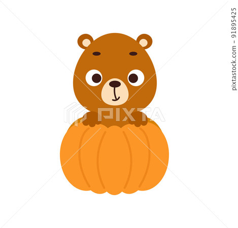 Cute little bear sitting in a pumpkin. Cartoon animal character for kids t-shirts, nursery decoration, baby shower, greeting card, invitation. Vector stock illustration Cute little bear sitting in a pumpkin. Cartoon animal character for kids t-shirts, nursery decoration, baby shower, greeting card, invitation. Vector stock illustration 91895425