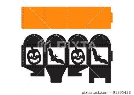 Halloween treat box with scary pumpkin. Jack-o-lantern facial gift party packaging for sweet, candies, small present, bakery. Simple package die cut template for laser cut. Vector stock illustration Halloween treat box with scary pumpkin. Jack-o-lantern facial gift party packaging for sweet, candies, small present, bakery. Simple package die cut template for laser cut. Vector stock illustration 91895428