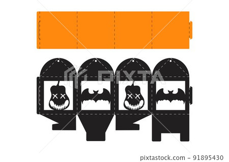 Halloween treat box with scary pumpkin. Jack-o-lantern facial gift party packaging for sweet, candies, small present, bakery. Simple package die cut template for laser cut. Vector stock illustration 91895430