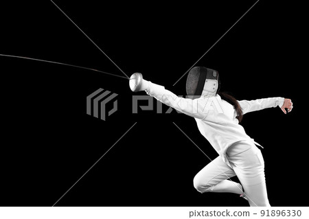 Energetic female fencer in white fencing costume and mask in action, motion isolated on dark background. Sport, youth, activity, skills, achievements, goal. Energetic female fencer in white fencing costume and mask in action, motion isolated on dark background. Sport, youth, activity, skills, achievements, goal. 91896330