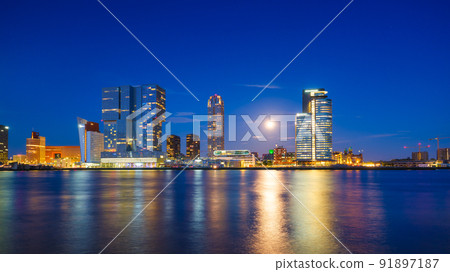 Rotterdam, Netherlands. View of the city center. Cove and pier for boats and ships. Panoramic view.  91897187