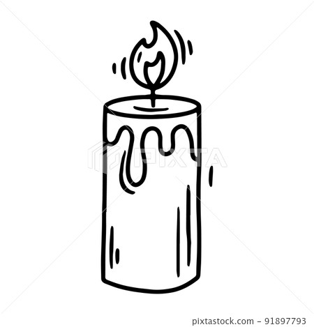 Wax candle with fire linear vector icon in doodle style 91897793