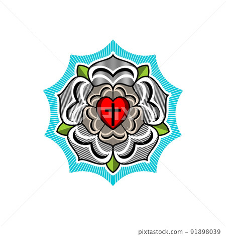 Rose Luther. Illustration of theology and confession of faith in the atoning sacrifice of the Lord and Savior Jesus Christ. 91898039
