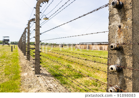 Barbed wire around the Auschwitz-Birkenau concentration camp. Oswiecim, Poland, 16 May 2022 Barbed wire around the Auschwitz-Birkenau concentration camp. Oswiecim, Poland, 16 May 2022 91898083