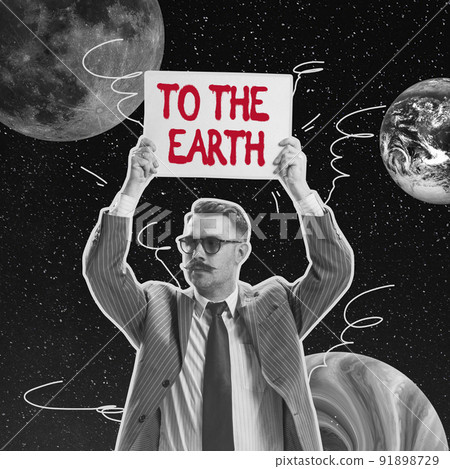 Serious man holding sign over his head isolated over dark space with planets background. Concept of modern world, immigration, brain drain, refugees 91898729