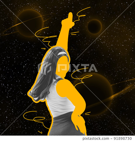 Contemporary art collage. Girl's silhouette in retro style outfit pointing at starry sky over dark space background. Concept of fashion, creativity, music Contemporary art collage. Girl's silhouette in retro style outfit pointing at starry sky over dark space background. Concept of fashion, creativity, music 91898730
