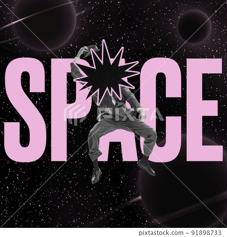 Contemporary art collage. Man with black hole instead head jumping isolated over dark space background with lettering. Surrealism Contemporary art collage. Man with black hole instead head jumping isolated over dark space background with lettering. Surrealism 91898733
