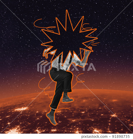 Contemporary art collage. Man with black hole instead head running isolated over dark space background with lettering. Surrealism Contemporary art collage. Man with black hole instead head running isolated over dark space background with lettering. Surrealism 91898735