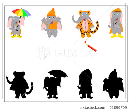 a game for children find where whose shadow is. cute cartoon elephant. vector a game for children find where whose shadow is. cute cartoon elephant. vector 91899709