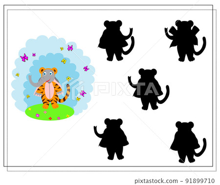 game for kids find the right shadow, cute cartoon elephant is dressed in a tiger costume 91899710