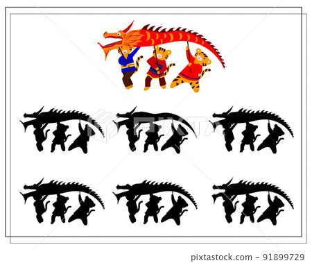 A logical game for children. Find the right shadow. Tigers carry a Chinese dragon, 91899729