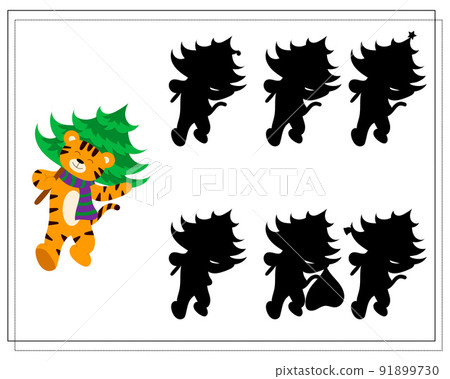 A logical game for children. Find the right shadow. A tiger carries a Christmas tree. Vector A logical game for children. Find the right shadow. A tiger carries a Christmas tree. Vector 91899730