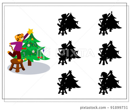 A logical game for children. Find the right shadow. Tiger decorates the Christmas tree. Vector A logical game for children. Find the right shadow. Tiger decorates the Christmas tree. Vector 91899731
