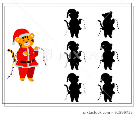 A logical game for children. Find the right shadow. The tiger is holding a garland. Vector A logical game for children. Find the right shadow. The tiger is holding a garland. Vector 91899732
