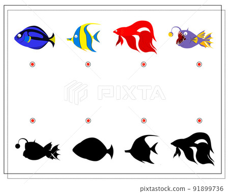 puzzle game for kids find the right shadow, sea fish. vector puzzle game for kids find the right shadow, sea fish. vector 91899736
