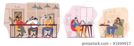 Podcast, Comic Talks or Audio Program Online Broadcasting Concept. Male and Female Characters with Microphone, Radio 91899917