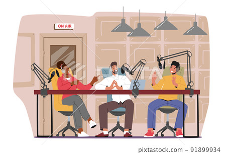 Dj Male and Female Characters Record Podcast, Online Broadcast. People Sitting at Desk with Microphones and Computer Dj Male and Female Characters Record Podcast, Online Broadcast. People Sitting at Desk with Microphones and Computer 91899934