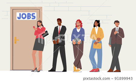 Confident Serious Young Man and Woman with Cv Stand in Line front of Office Door Waiting Job Interview or Meeting 91899943