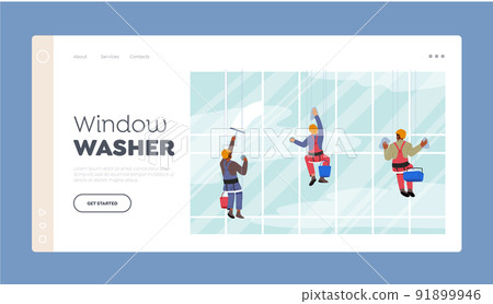 Washers Landing Page Template. Male Characters Washing Window with Wiper Hanging on Ropes. Men Professional Employees Washers Landing Page Template. Male Characters Washing Window with Wiper Hanging on Ropes. Men Professional Employees 91899946