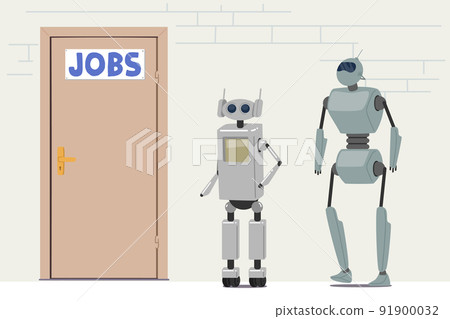 Robots Waiting Invitation for Job Interview at Lobby front of Door. Machine Characters Hiring in Office, Cyborg Hire Job 91900032