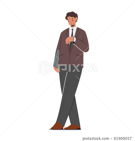 Male Character in Formal Suit with Bag Look at Wrist Watch, Isolated Young Business Man Wear Brown Blazer and Trousers 91900057